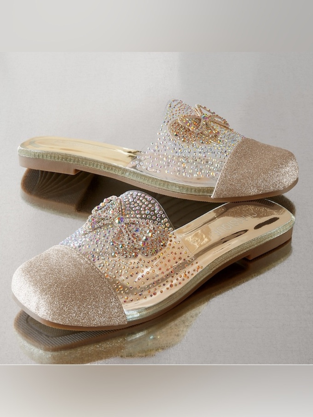 Classique Butterfly Mule Gold Glitter Slip-On Flats with Rhinestones